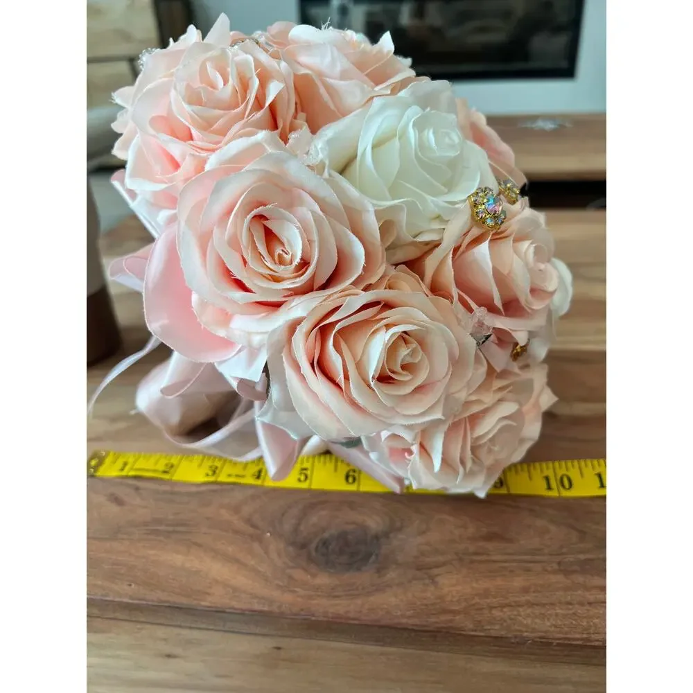 bridal wedding brooch floral bouquet pink peach ivory embellished rhinestones 9